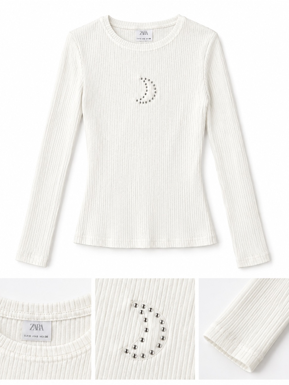 Zara White Ribbed Long-Sleeve Tee with Studded Moon
